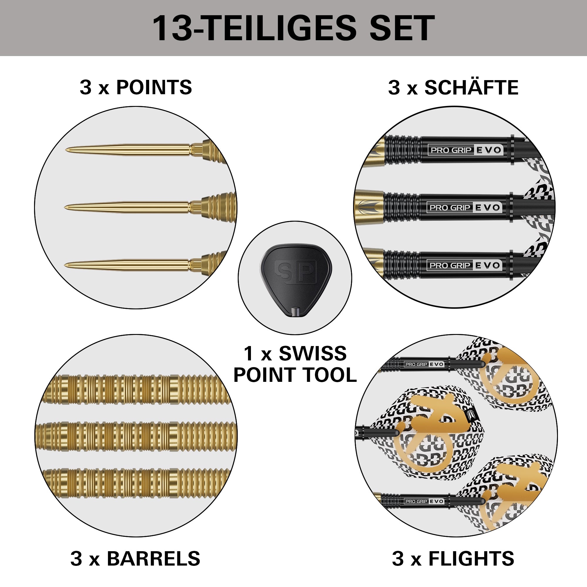 Bolide Envy 90% Tungsten Darts set components including points, shafts, barrels, flights, and a Swiss point tool on a white background.