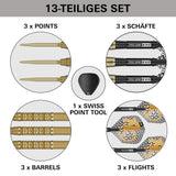 Bolide Envy 90% Tungsten Darts set components including points, shafts, barrels, flights, and a Swiss point tool on a white background.