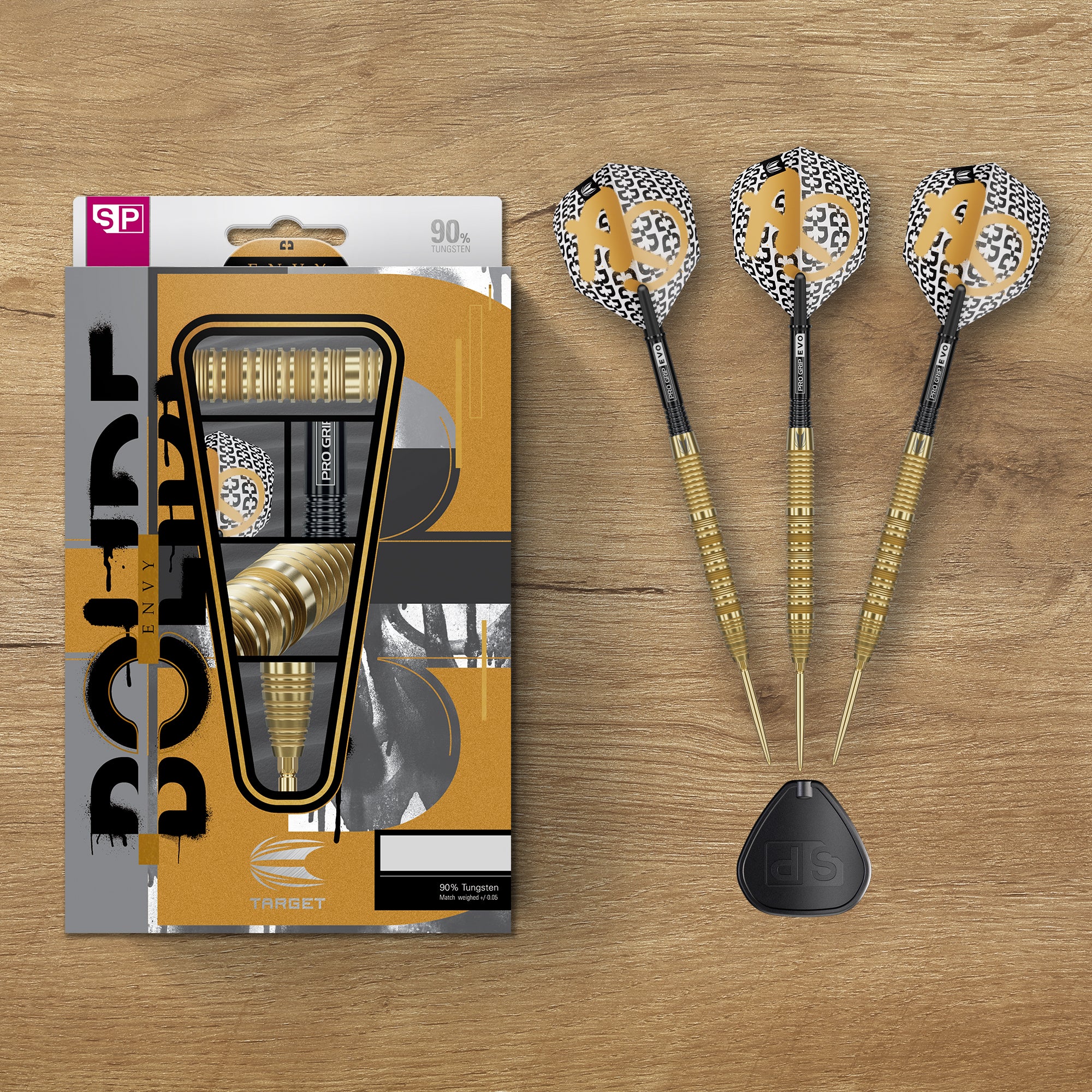 Bolide Envy 90% Tungsten Darts with decorative flight patterns next to their packaging on a wooden surface
