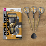 Bolide Envy 90% Tungsten Darts with decorative flight patterns next to their packaging on a wooden surface