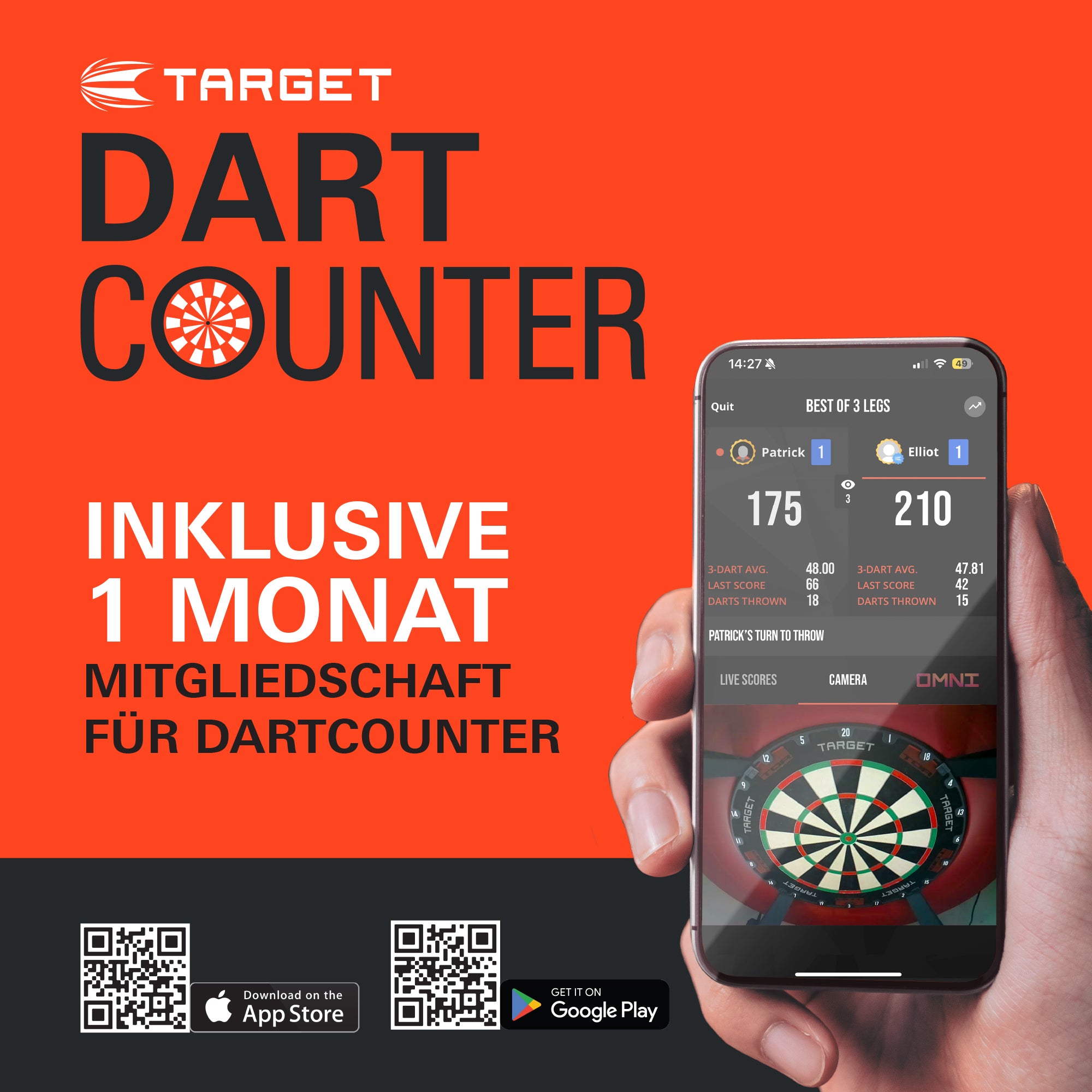 Hand holding a smartphone displaying the Target Dart Counter app on an orange background with Target branding.