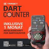 Hand holding a smartphone displaying the Target Dart Counter app on an orange background with Target branding.