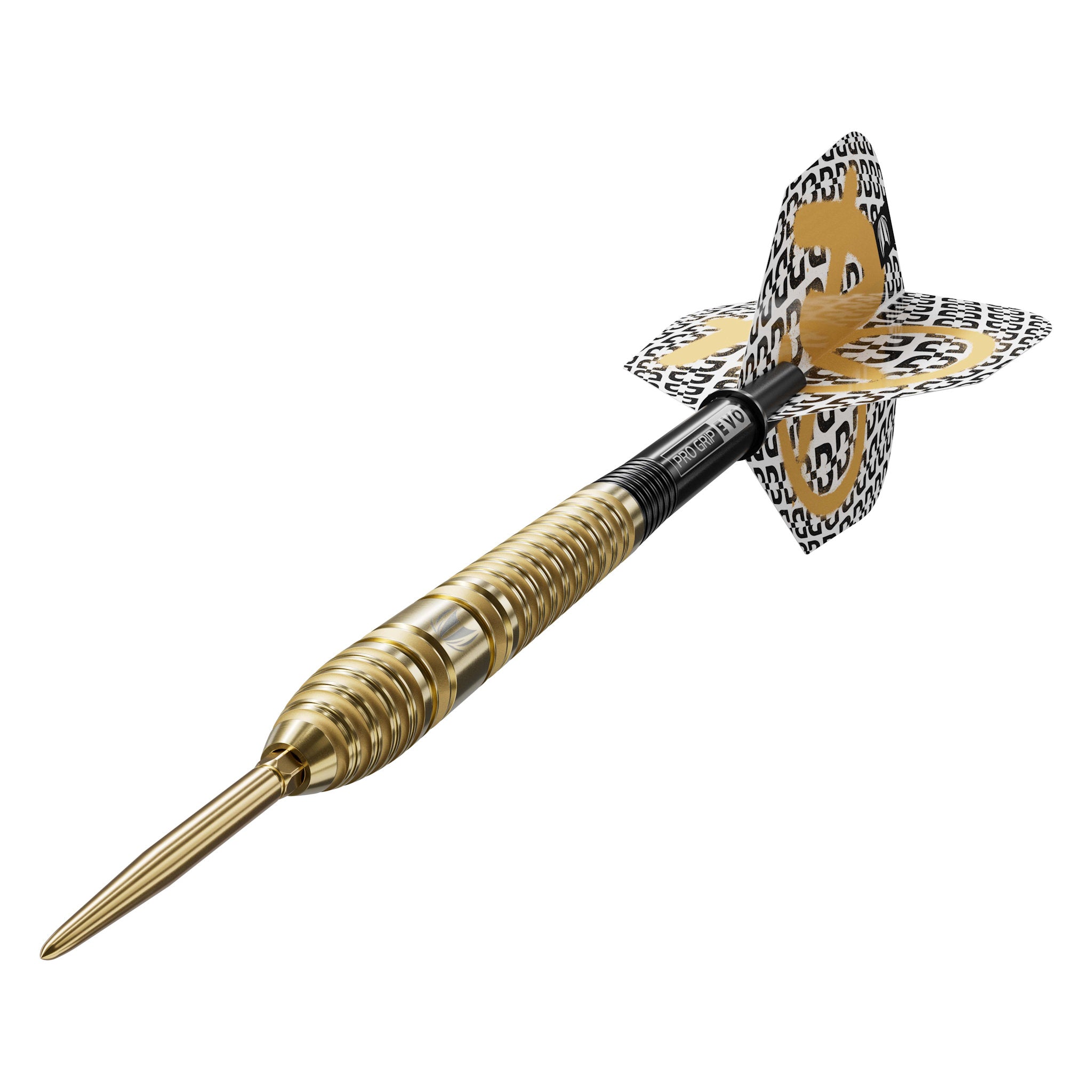 Gold and black dart with leopard print fletching on a white background