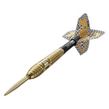 Gold and black dart with leopard print fletching on a white background