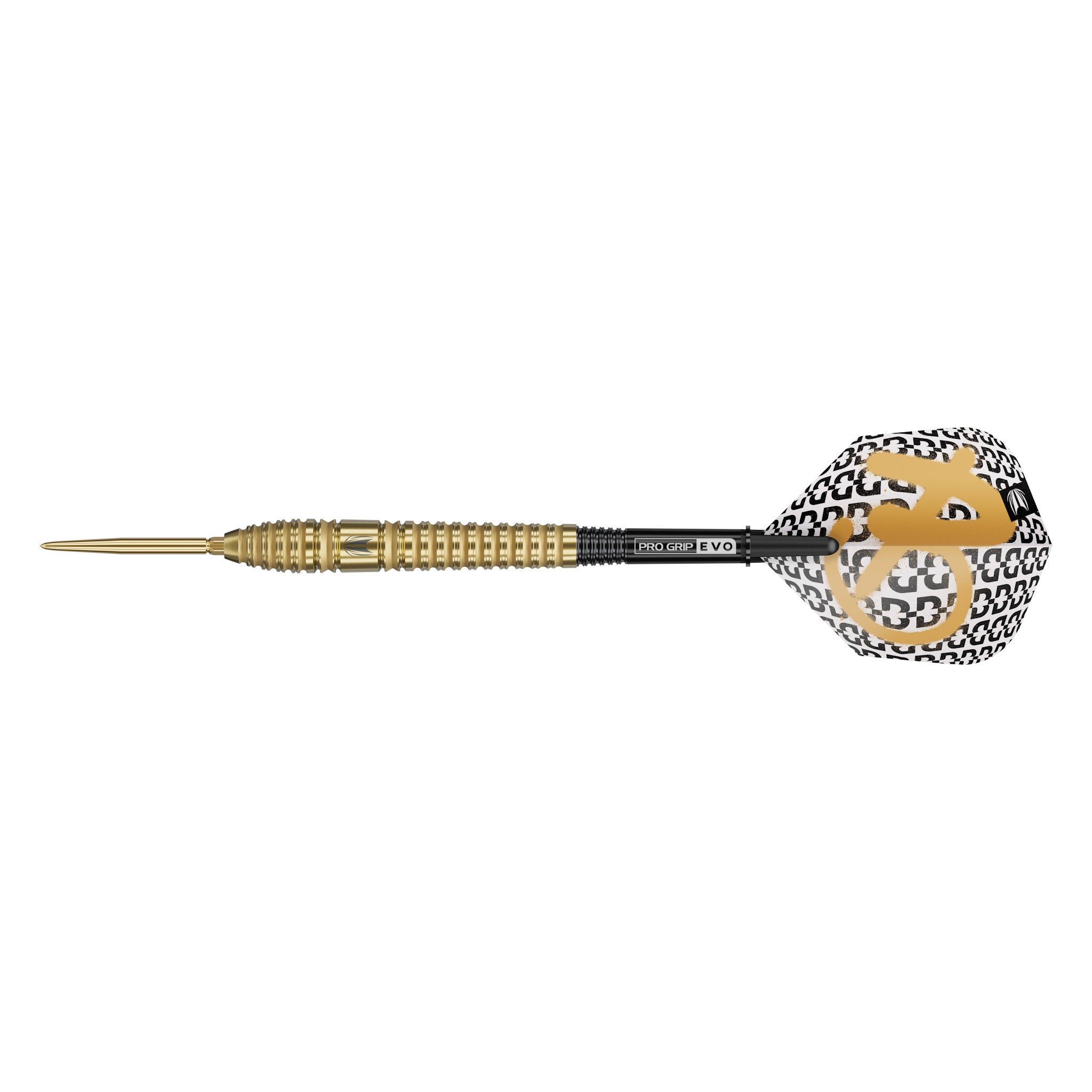 Dart with a black and gold patterned shaft on a white background