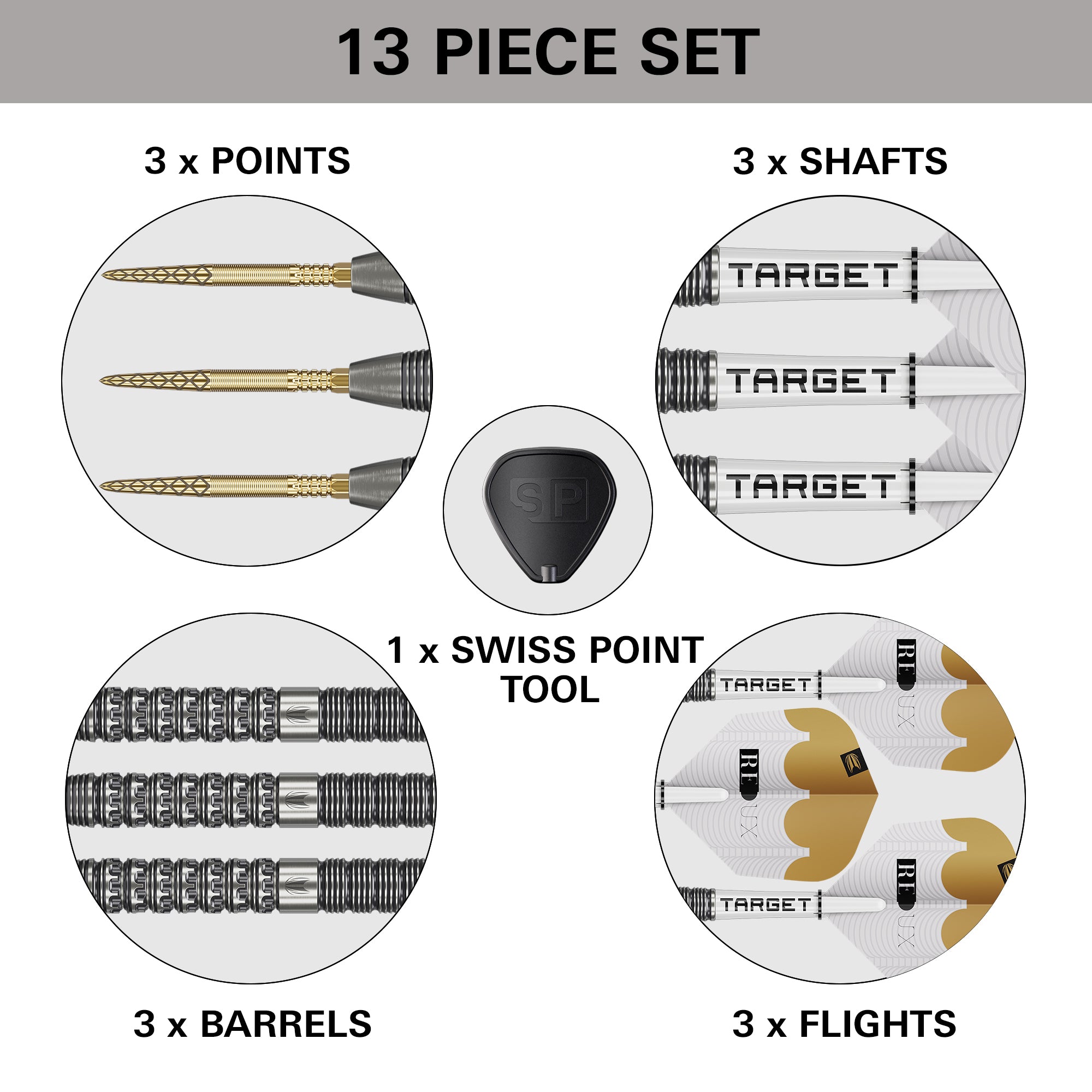 13-piece dart set with points, shafts, Swiss point tool, barrels, and flights on a gray background.