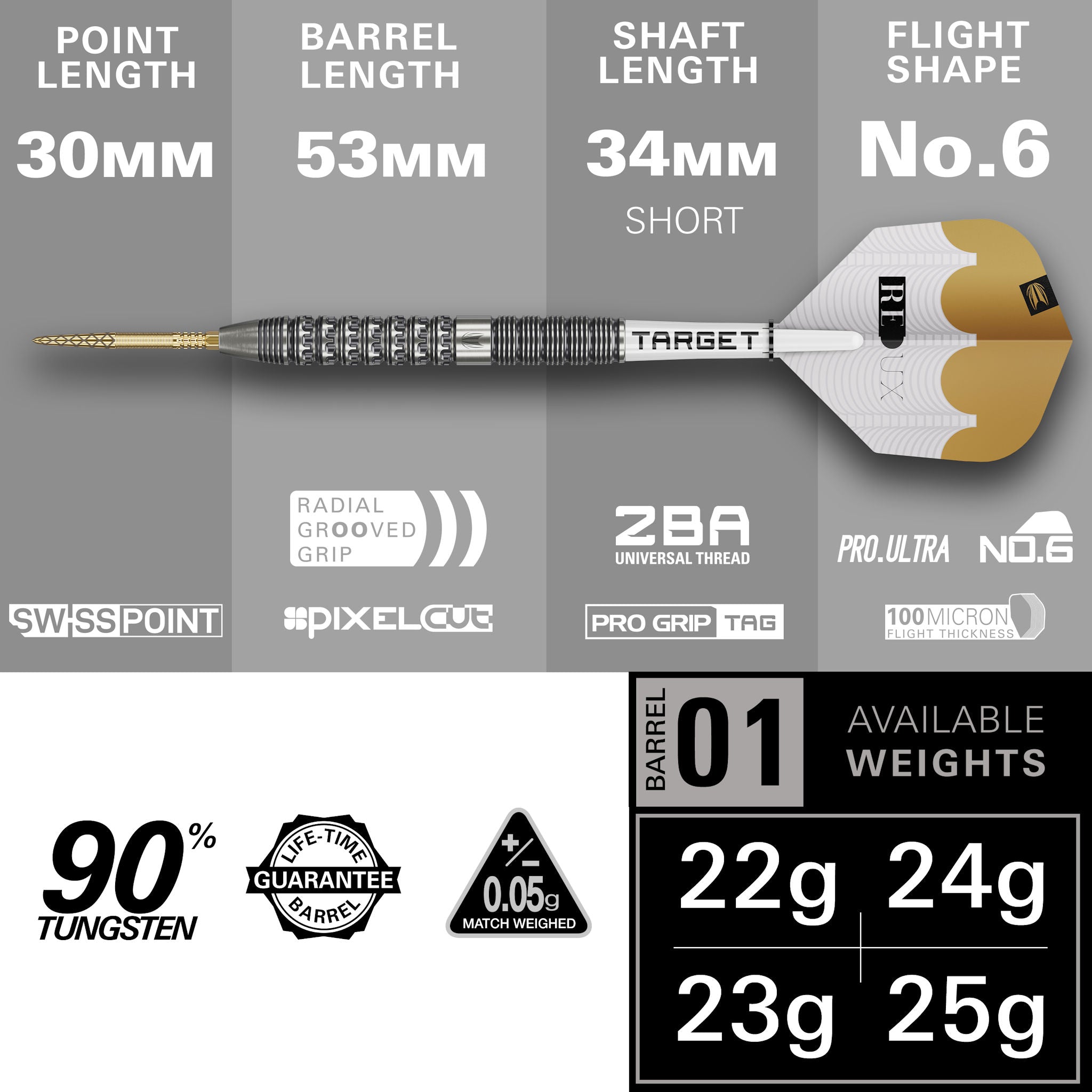 Dart with detailed specifications on a gray background