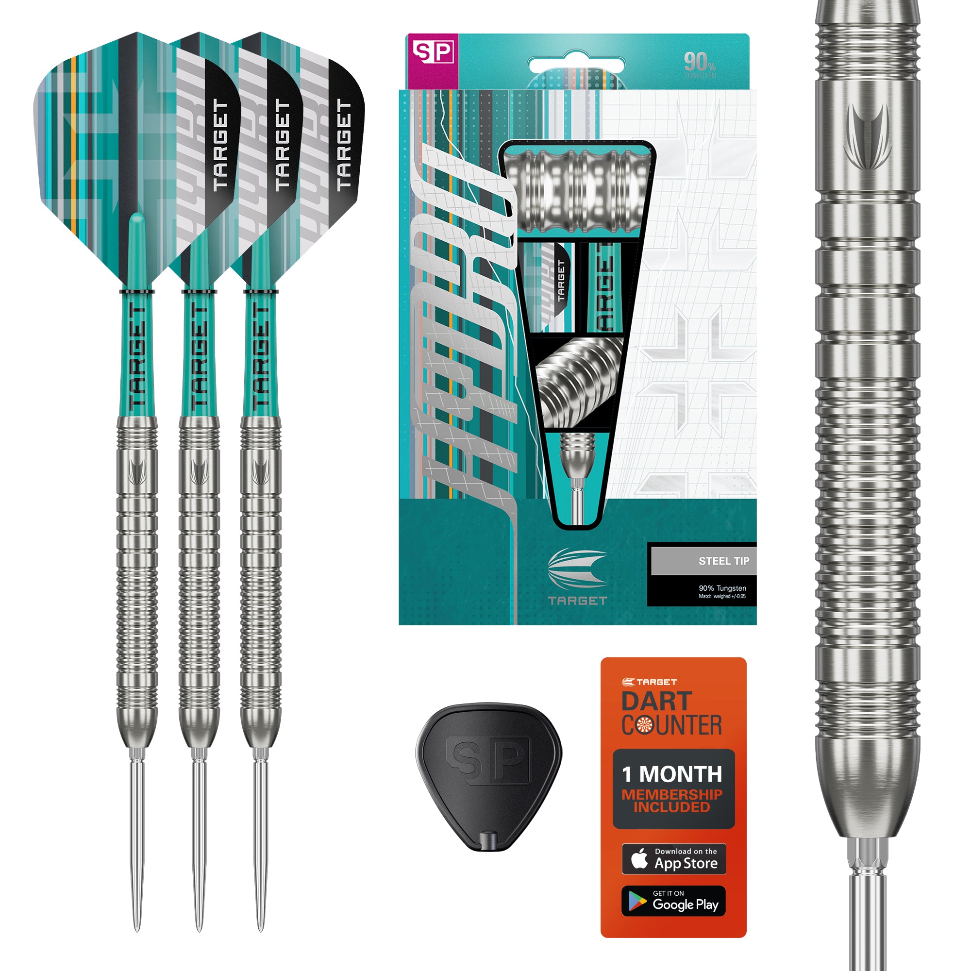 Hydro 90% SP Tungsten darts with packaging, dart counter, and additional dart on a white background