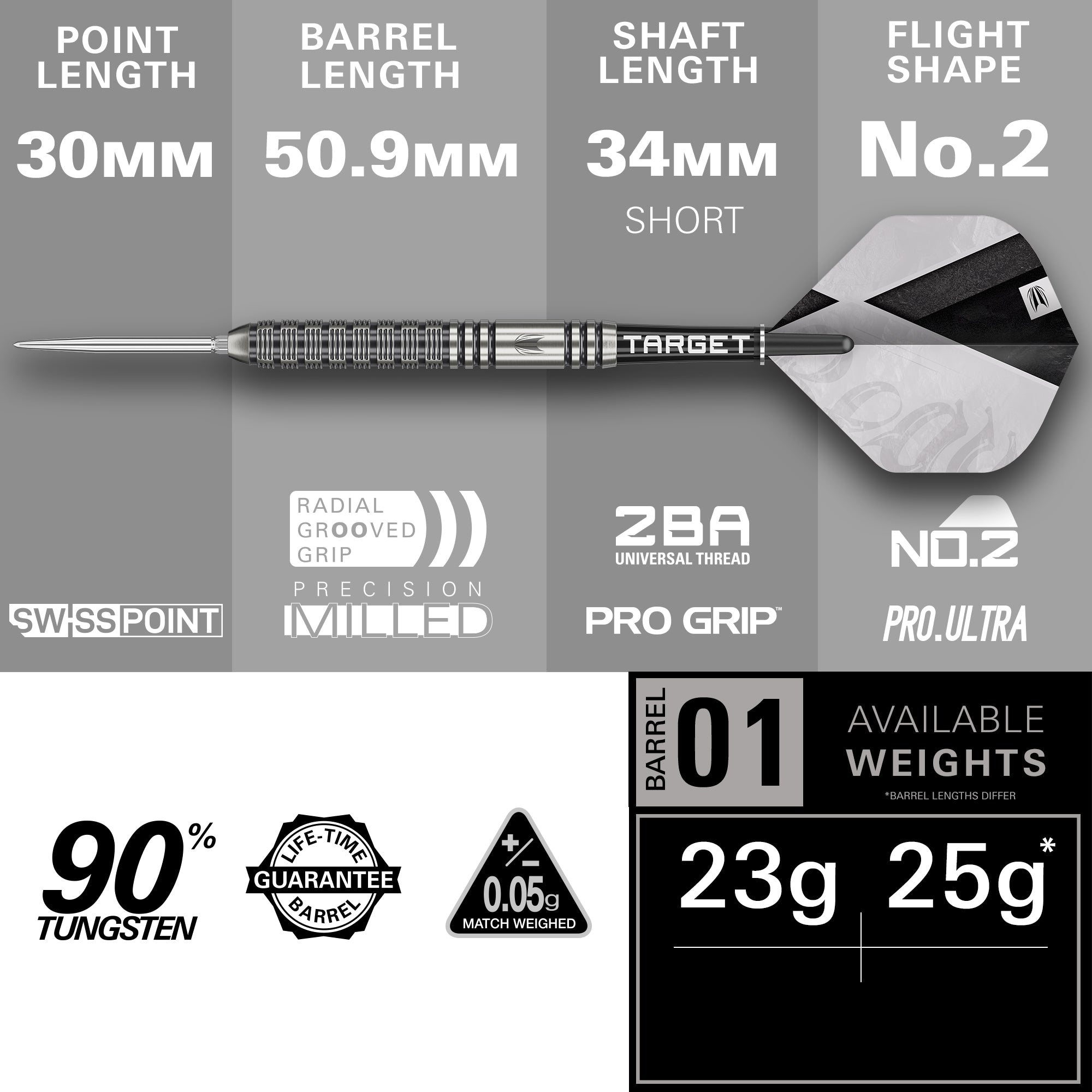 Target dart with specifications on a gray background