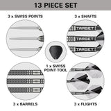 13-piece dart set with components labeled on a white background