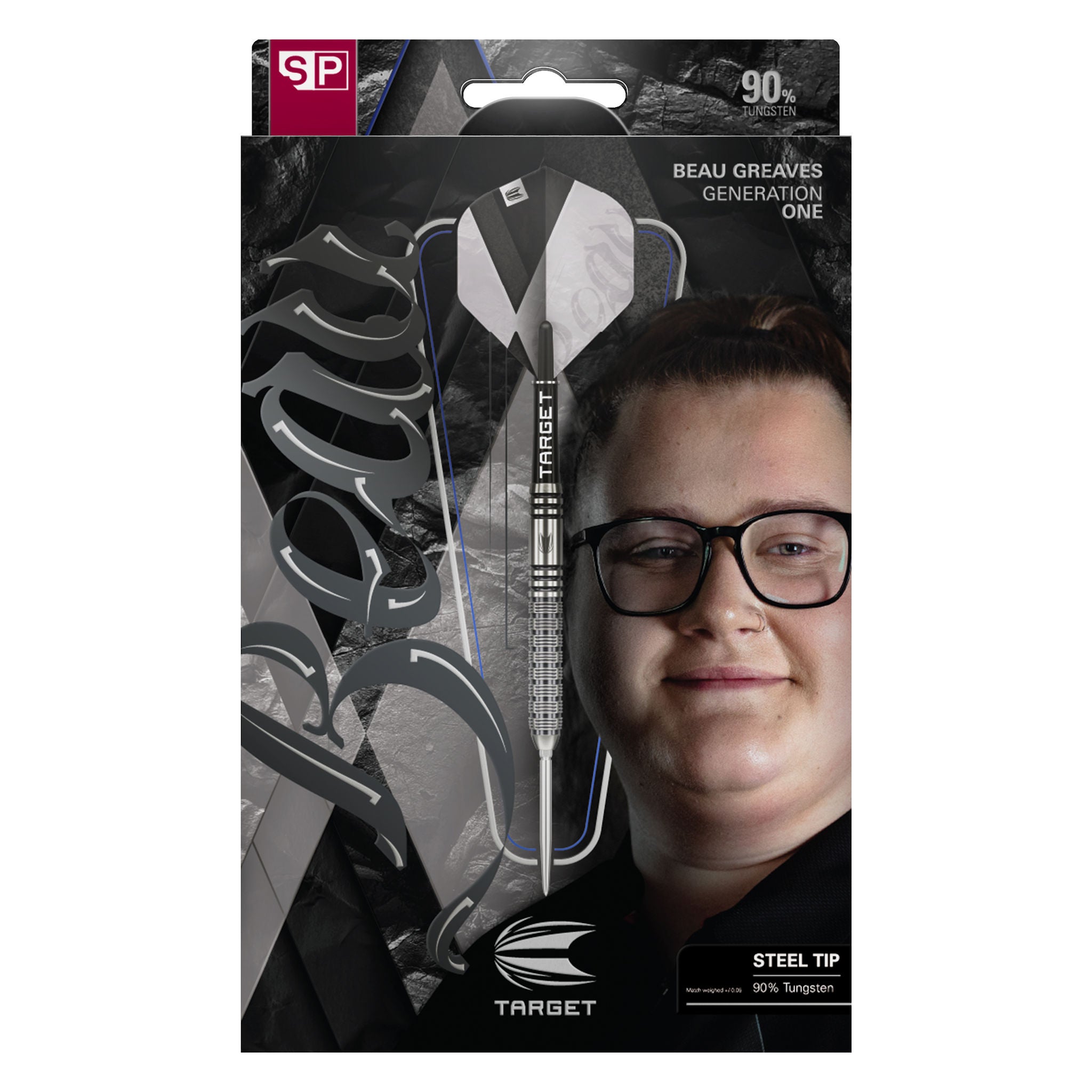 Beau Greaves G1 SP 90%Tungsten Packaged Target darts with a person's face on the packaging