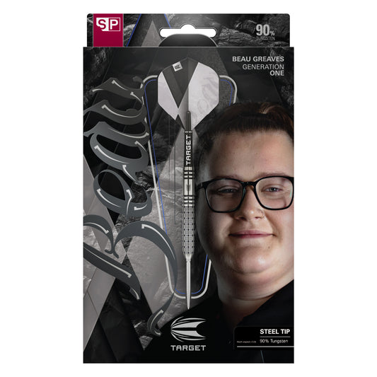 Beau Greaves G1 SP 90%Tungsten Packaged Target darts with a person's face on the packaging