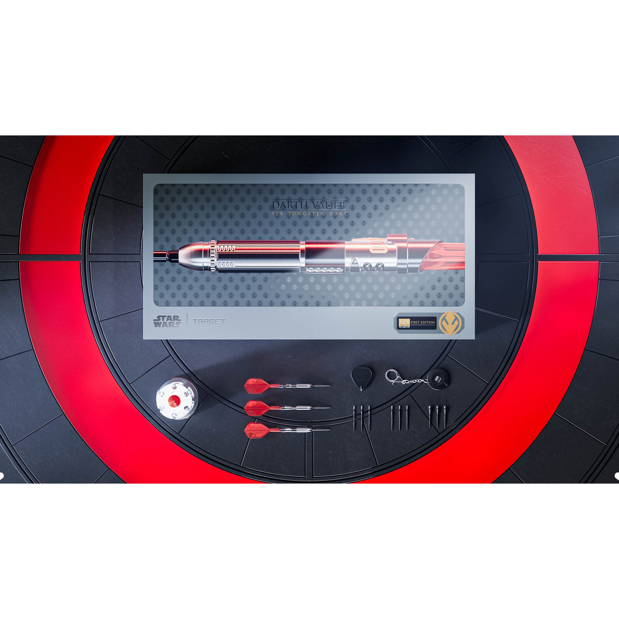 STAR WARS™ Darth Vader Lightsaber First Edition 95% SP Darts close up on black and red background