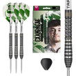 Charlie Manby SP 95% Tungsten Dart set with three green and white patterned flights, silver ribbed barrels, a close-up of the dart tip, retail packaging, and a black SP tool, all on a white background.