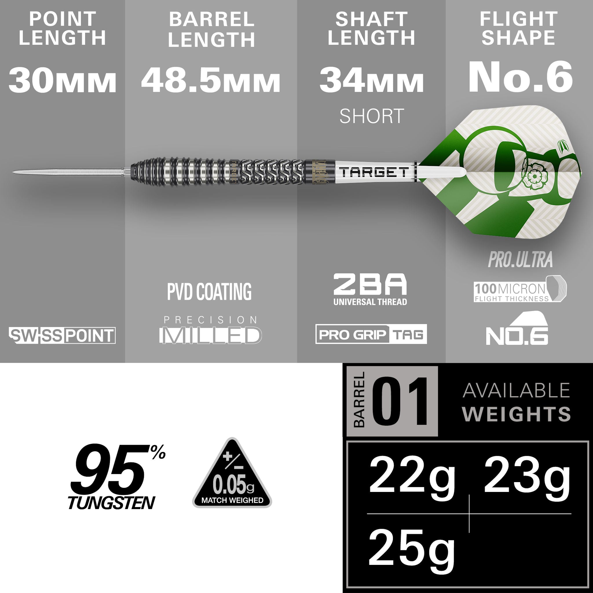 Technical product information graphic for a dart, showing a dart horizontally across a gray panel with labeled dimensions and features: point length 30mm, barrel length 48.5mm, shaft length 34mm short, flight shape No.