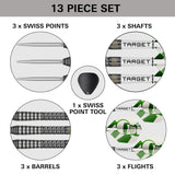 A 13-piece set of dart shafts, points, barrels, and flights arranged in a labeled infographic on a white background with a gray header. The graphic shows three swiss points, three shafts, one swiss point tool, three barrels, and three flights, with Target branding visible on the barrels and flights.