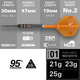 A promotional product graphic for Raymond Van Barneveld 95K SP 95% Tungsten darts, showing a single orange and black dart with flight, point length, barrel length, shaft length, and available weights on a gray and white background.