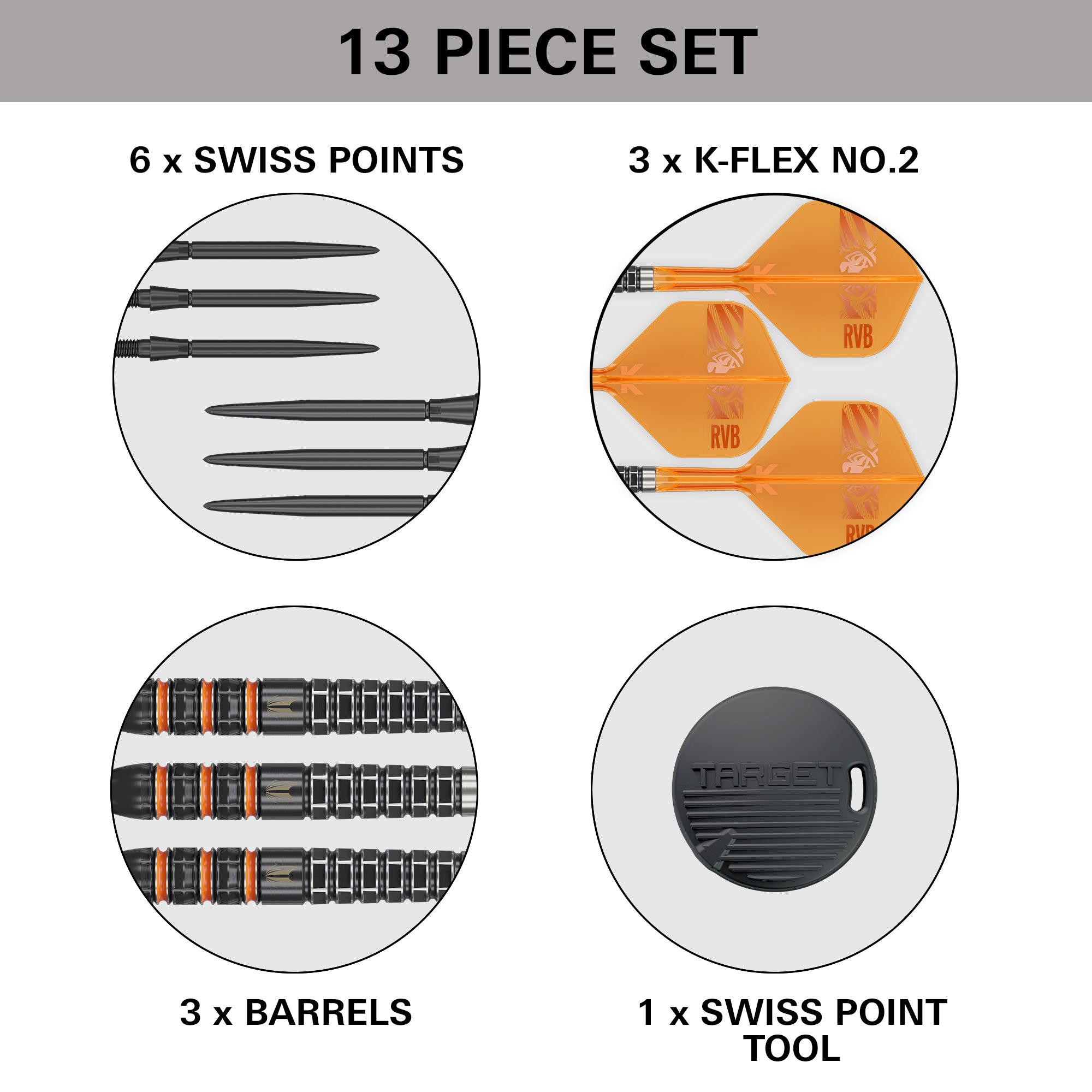 A product information graphic for a 13-piece set of darts. The image shows four circular diagrams on a white background with a gray header reading '13 PIECE SET'.