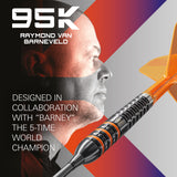 Promotional graphic for the 95K dart from Raymond Van Barneveld collaboration, featuring a close-up of a black and orange dart alongside a grayscale profile of a man, with bold white text on a geometric red, purple, black, and gray background.