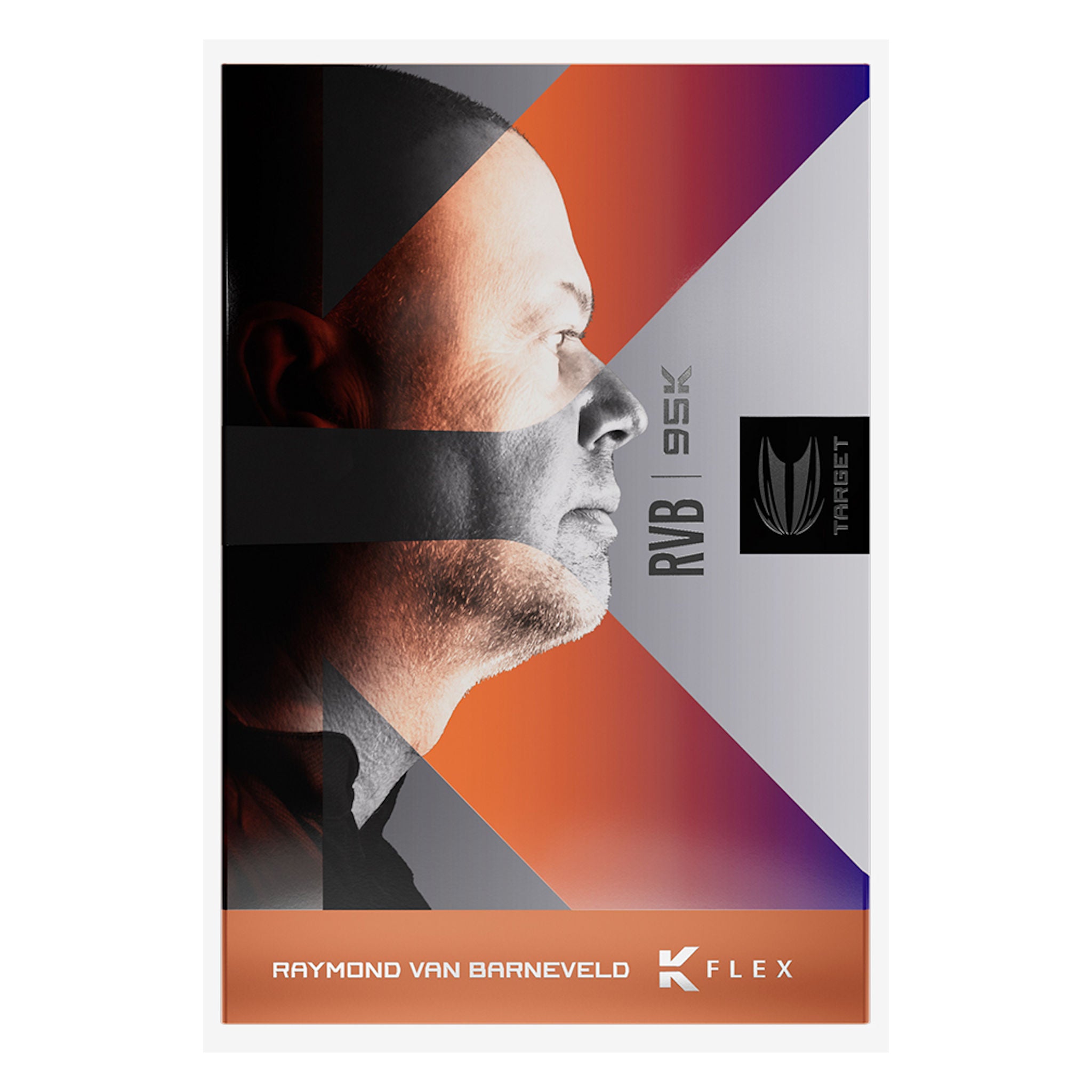 A stylized poster or print featuring a close-up side profile of RVB's face overlaid with diagonal color blocks in black, orange, purple, gray, and white. Visible text includes 'RVB | 95K', 'RAYMOND VAN BARNEVELD', and 'K FLEX', with a small 'Product' logo near the right side.