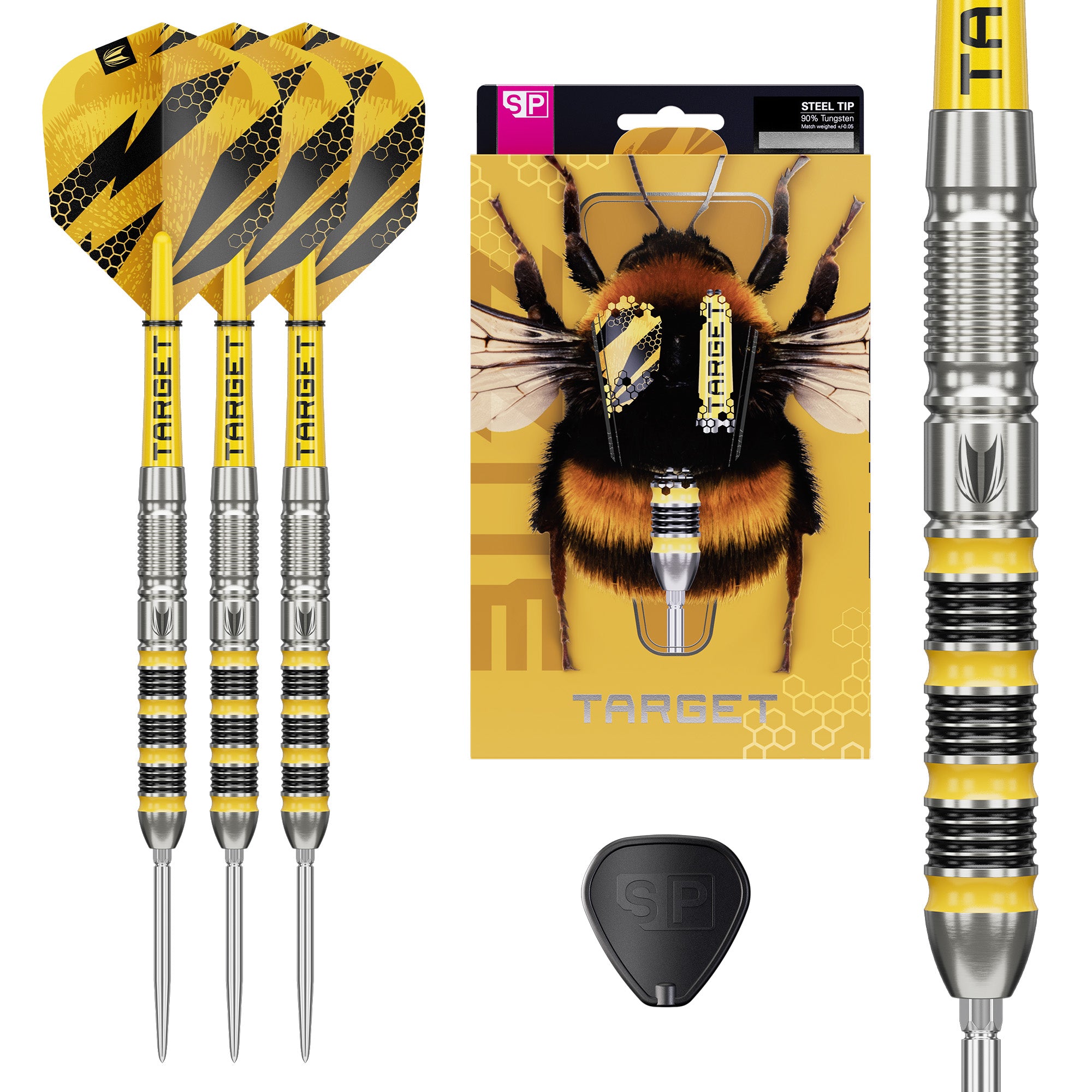 Buzz 90% SP Tungsten Darts showing three darts, the packaging with a bee, close up of barrel and swiss point tool on white background