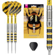 Buzz 90% SP Tungsten Darts showing three darts, the packaging with a bee, close up of barrel and swiss point tool on white background