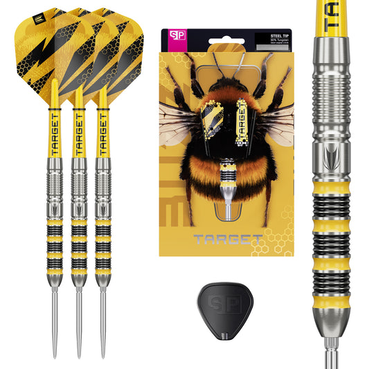 Buzz 90% SP Tungsten Darts showing three darts, the packaging with a bee, close up of barrel and swiss point tool on white background