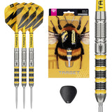 Buzz 90% SP Tungsten Darts showing three darts, the packaging with a bee, close up of barrel and swiss point tool on white background
