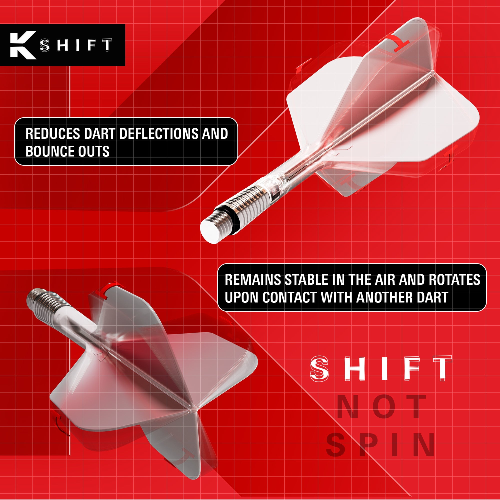 Two silver and white fletching darts on a red grid background with marketing text explaining reduced dart deflections and stability.
