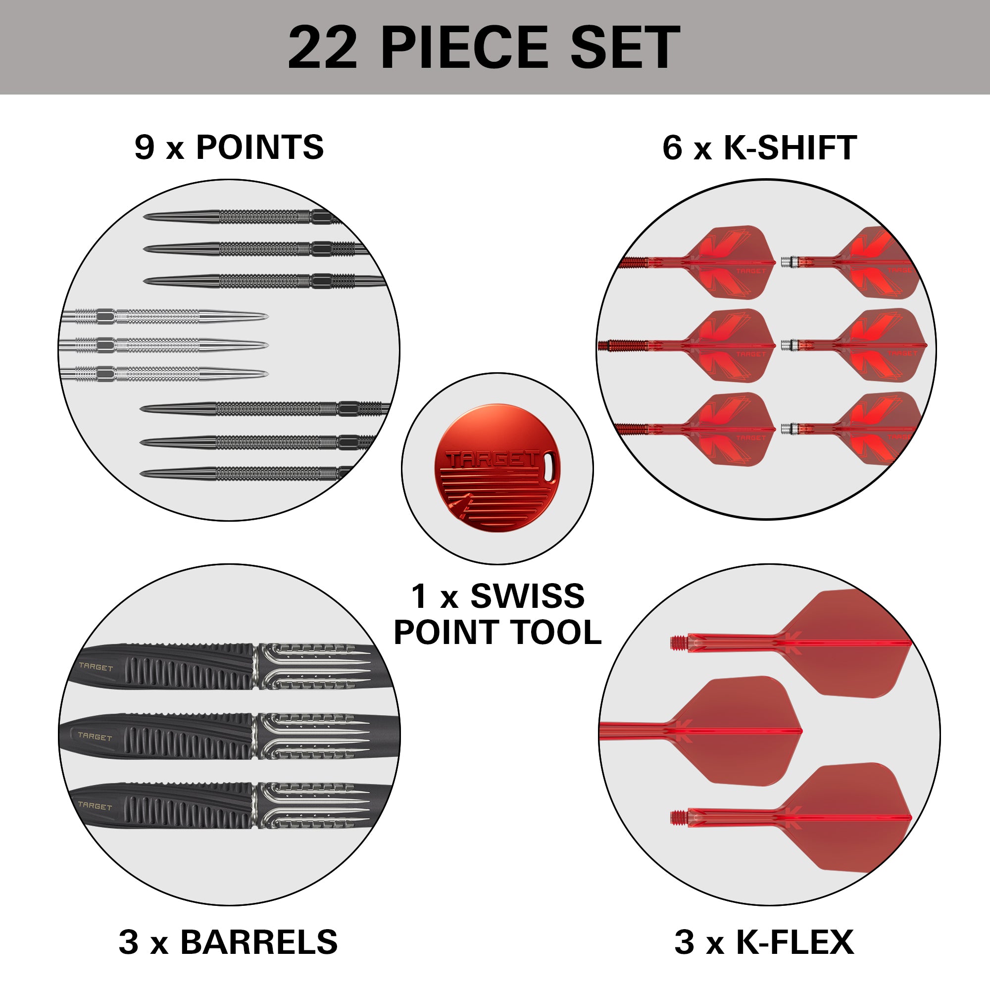 A 22-piece set of darts and accessories arranged in a labeled diagram on a white background with a gray header. The set includes 9 black points, 6 red K-shift flights, 1 red Swiss point tool, 3 red barrels, and 3 red K-flex flights.