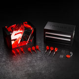 Shift Tool Box 90% SP Tungsten Darts set arranged on a dark textured surface, including red and black packaging, a black TARGET tool box storage, red-and-silver darts, steel swiss points, and a swiss tool red keychain.