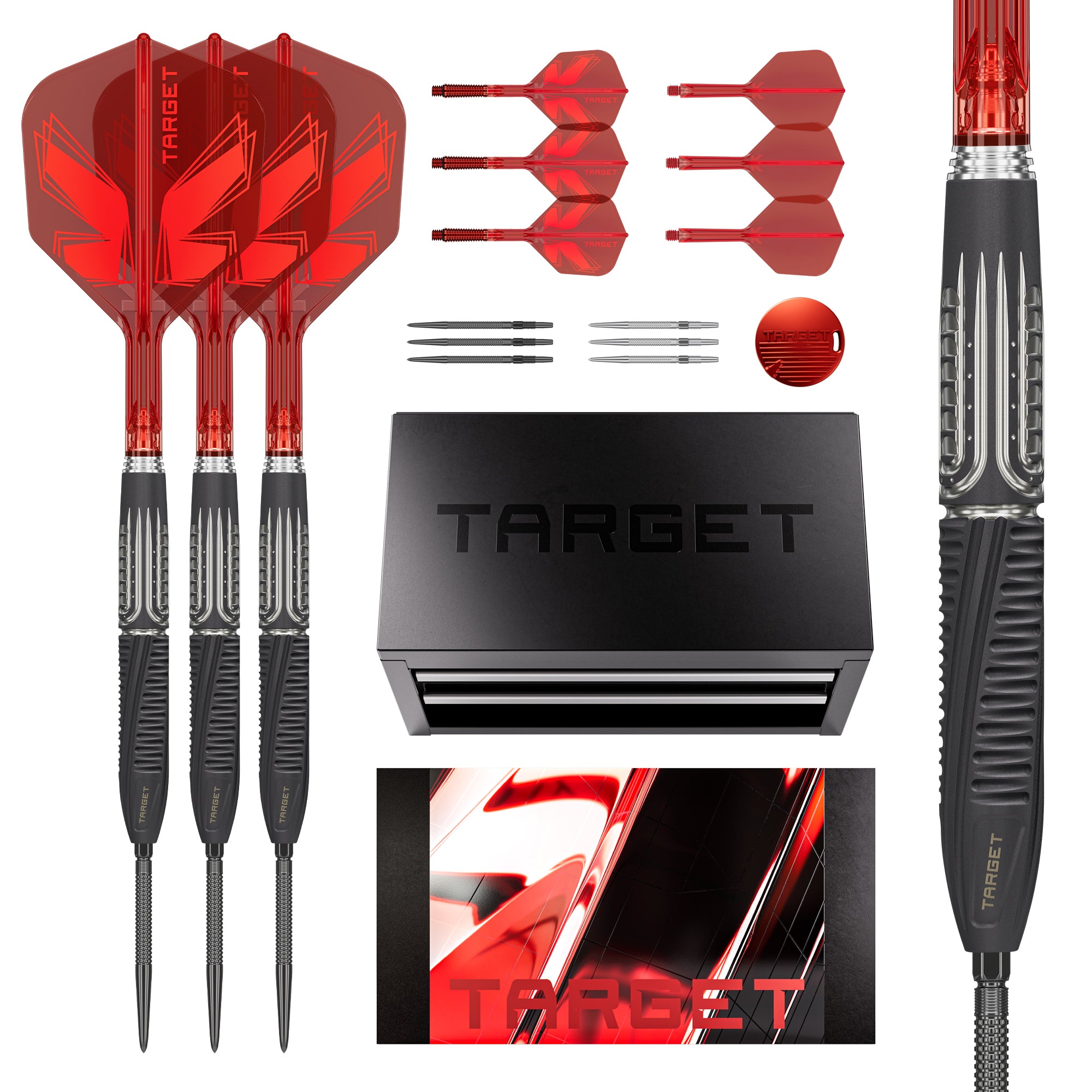 Shift Tool Box 90% SP Tungsten Darts set on a white background, including three red and black darts, red K-flex, swiss points, a red swiss point tool, a black TARGET tool box, a close-up of a Shift barrel, and a TARGET logo graphic.
