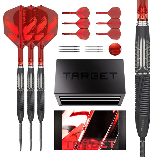 Shift Tool Box 90% SP Tungsten Darts set on a white background, including three red and black darts, red K-flex, swiss points, a red swiss point tool, a black TARGET tool box, a close-up of a Shift barrel, and a TARGET logo graphic.