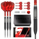 Shift Tool Box 90% SP Tungsten Darts set on a white background, including three red and black darts, red K-flex, swiss points, a red swiss point tool, a black TARGET tool box, a close-up of a Shift barrel, and a TARGET logo graphic.