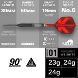 A technical product information graphic for Target brand dart flights and barrels, showing a single red-and-black dart with dimensions, weight options, and material details on a gray and white layout.
