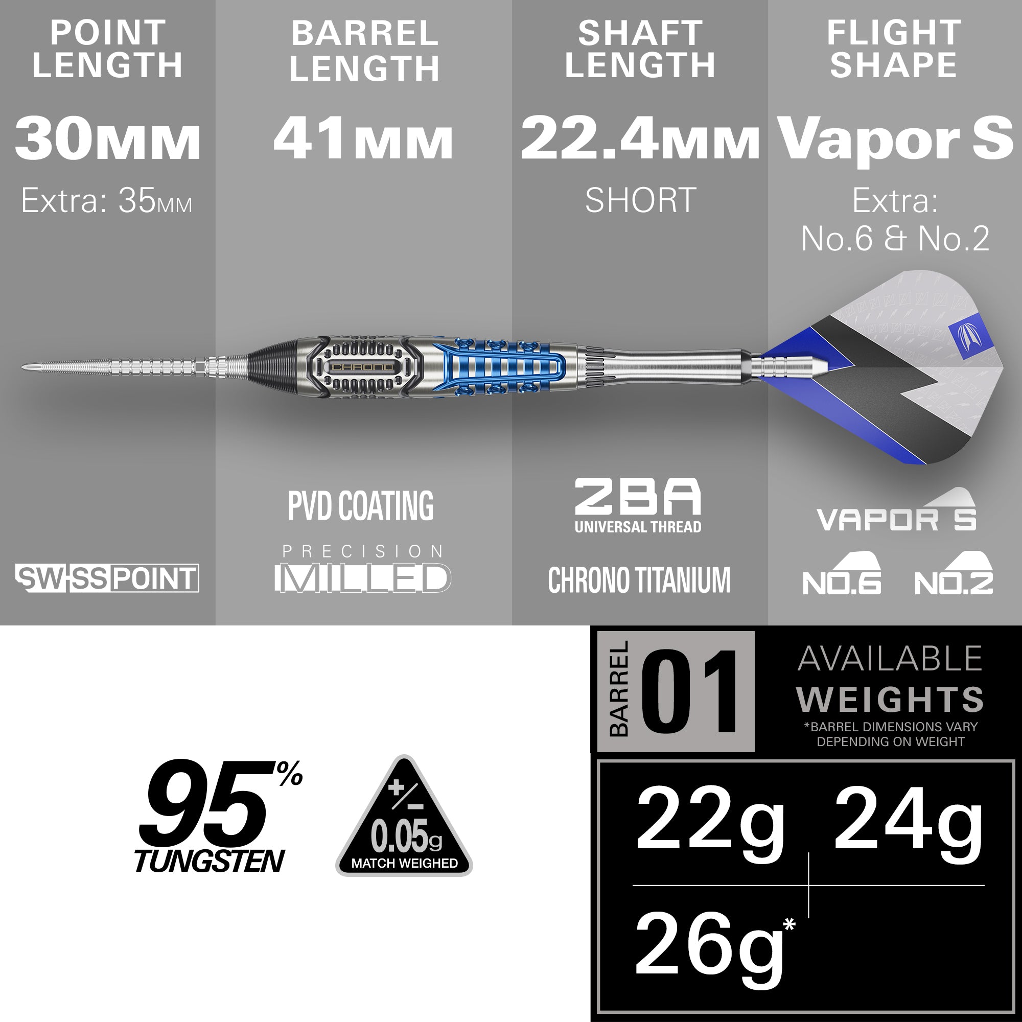 Technical product information graphic for a dart set, showing a silver and blue dart with three flight silhouettes, barrel lengths, point lengths, available weights, and material specs on a gray and white background.