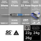 Technical product information graphic for a dart set, showing a silver and blue dart with three flight silhouettes, barrel lengths, point lengths, available weights, and material specs on a gray and white background.