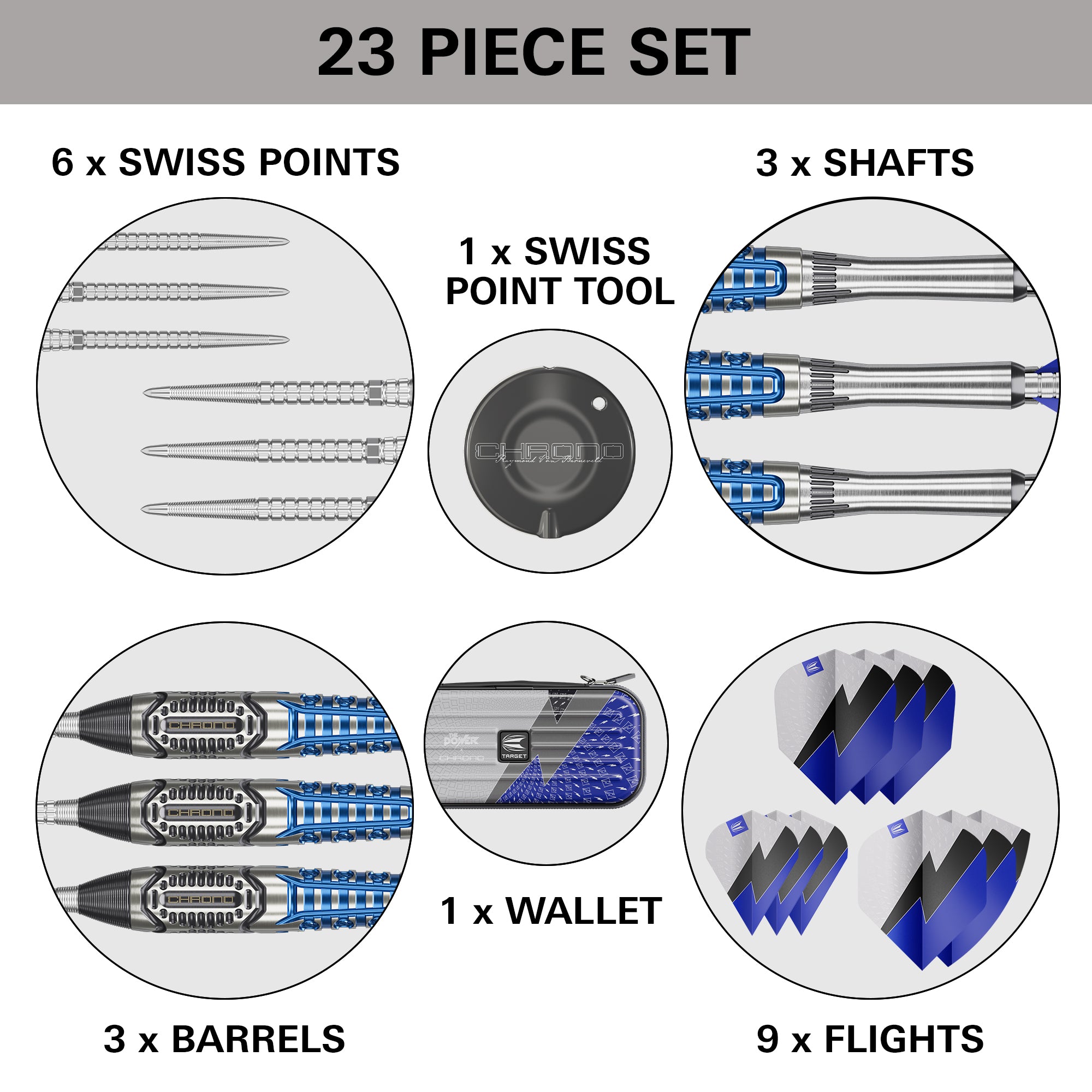 A 23-piece set of dart shafts, points, flights, barrels, a tool, and a wallet, displayed in labeled circular diagrams on a light gray background with a dark gray header reading '23 PIECE SET'.