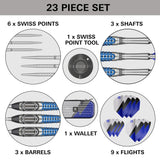 A 23-piece set of dart shafts, points, flights, barrels, a tool, and a wallet, displayed in labeled circular diagrams on a light gray background with a dark gray header reading '23 PIECE SET'.