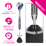 A promotional product graphic for a dart set showing a silver and blue dart in the center, a close-up of the tip mechanism on the right, and three pink feature callouts on the left: patented locking system, switch your Swiss Points in seconds, and Swiss Point tool included. A pink diagonal banner reads SWISSPOINT.