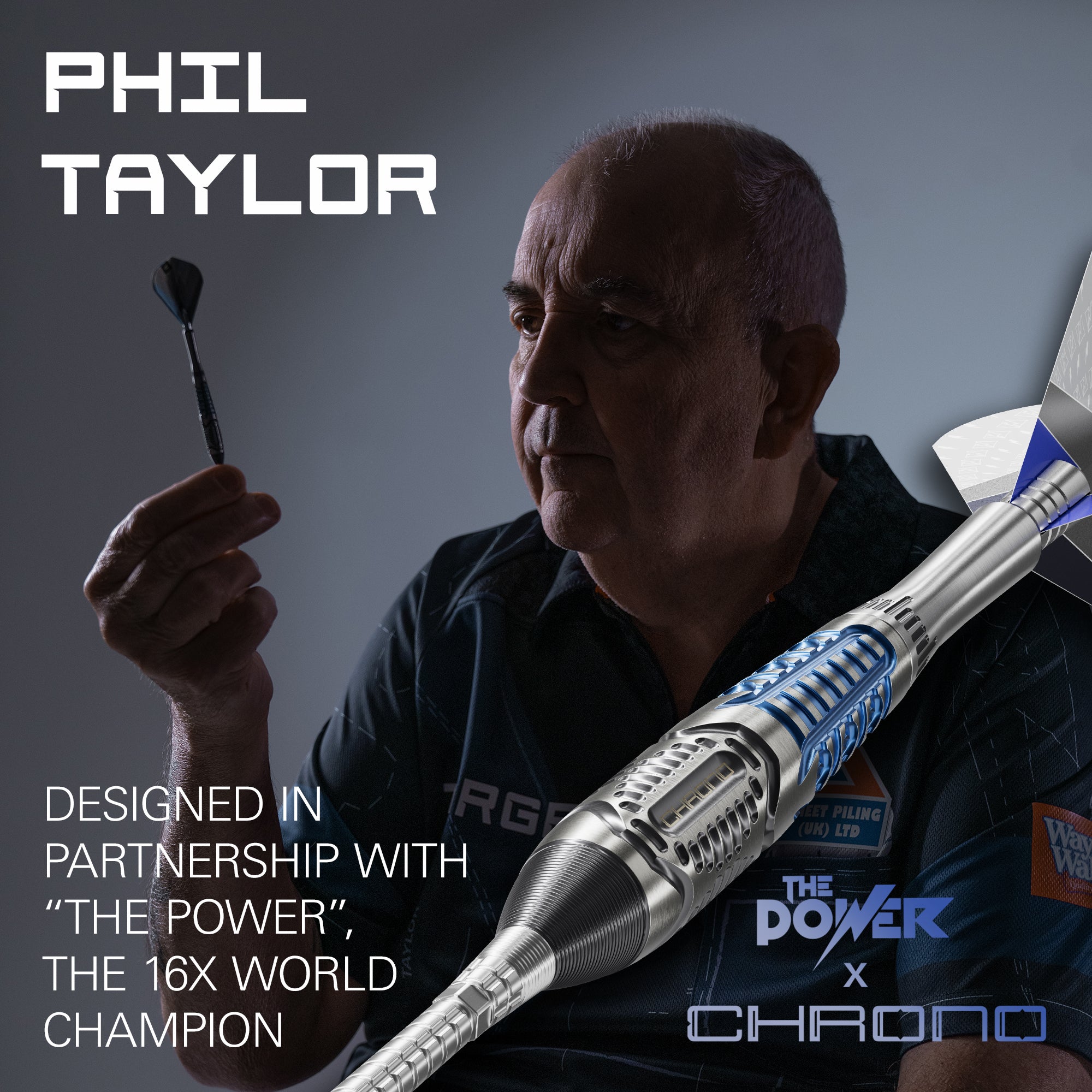 A promotional product image for a dart shaft featuring Phil Taylor, the 16x World Champion. The dart shaft, branded 'The Power x Chrono', is shown diagonally in the foreground with blue and white flight bits, while Phil Taylor holds a dart in his hand in the background.