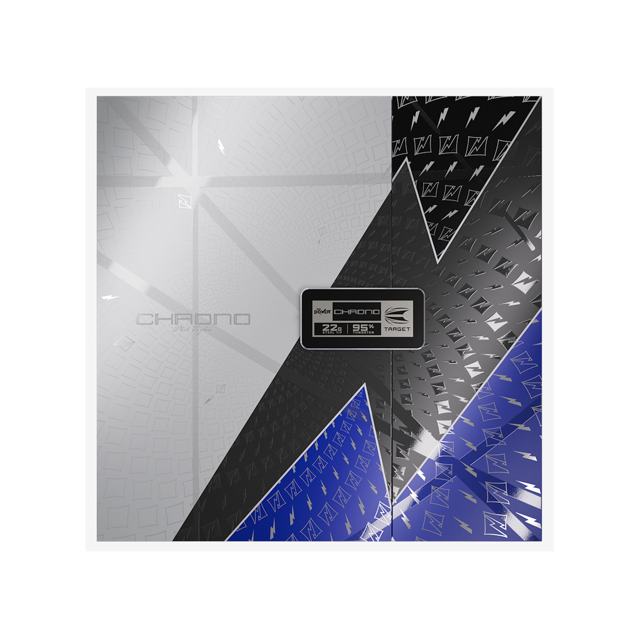 A square product graphic for Phil Taylor Power Chrono SP 95% Tungsten darts, featuring a black lightning bolt surrounded by a dynamic geometric design in silver, black, and blue with white lightning bolt patterns.