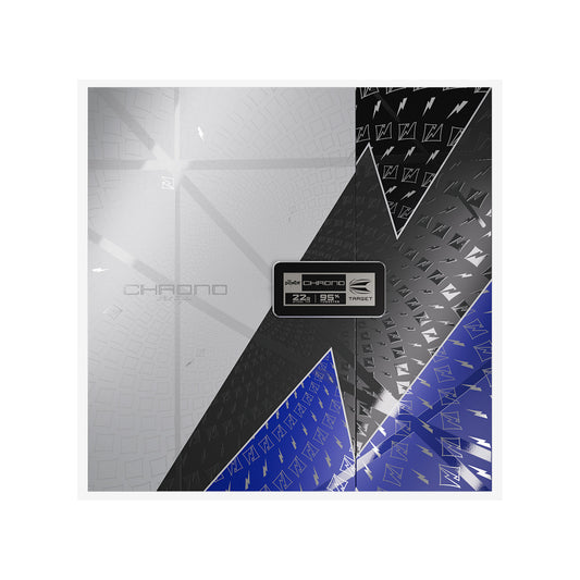 A square product graphic for Phil Taylor Power Chrono SP 95% Tungsten darts, featuring a black lightning bolt surrounded by a dynamic geometric design in silver, black, and blue with white lightning bolt patterns.
