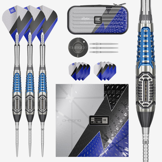 Phil Taylor Power Chrono SP 95% Tungsten darts with matching flight tips, a zippered carrying case, three steel darts, a black center cap, a pack of blue, white, and gray flights, and a close-up of the dart barrel, all arranged on a white background.