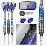 Phil Taylor Power Chrono SP 95% Tungsten darts with matching flight tips, a zippered carrying case, three steel darts, a black center cap, a pack of blue, white, and gray flights, and a close-up of the dart barrel, all arranged on a white background.