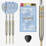 Adrian Lewis Showdown SP 95% Tungsten dart set with three darts, a box, a close-up of a dart barrel, and a black swiss point tool on a light gray background.