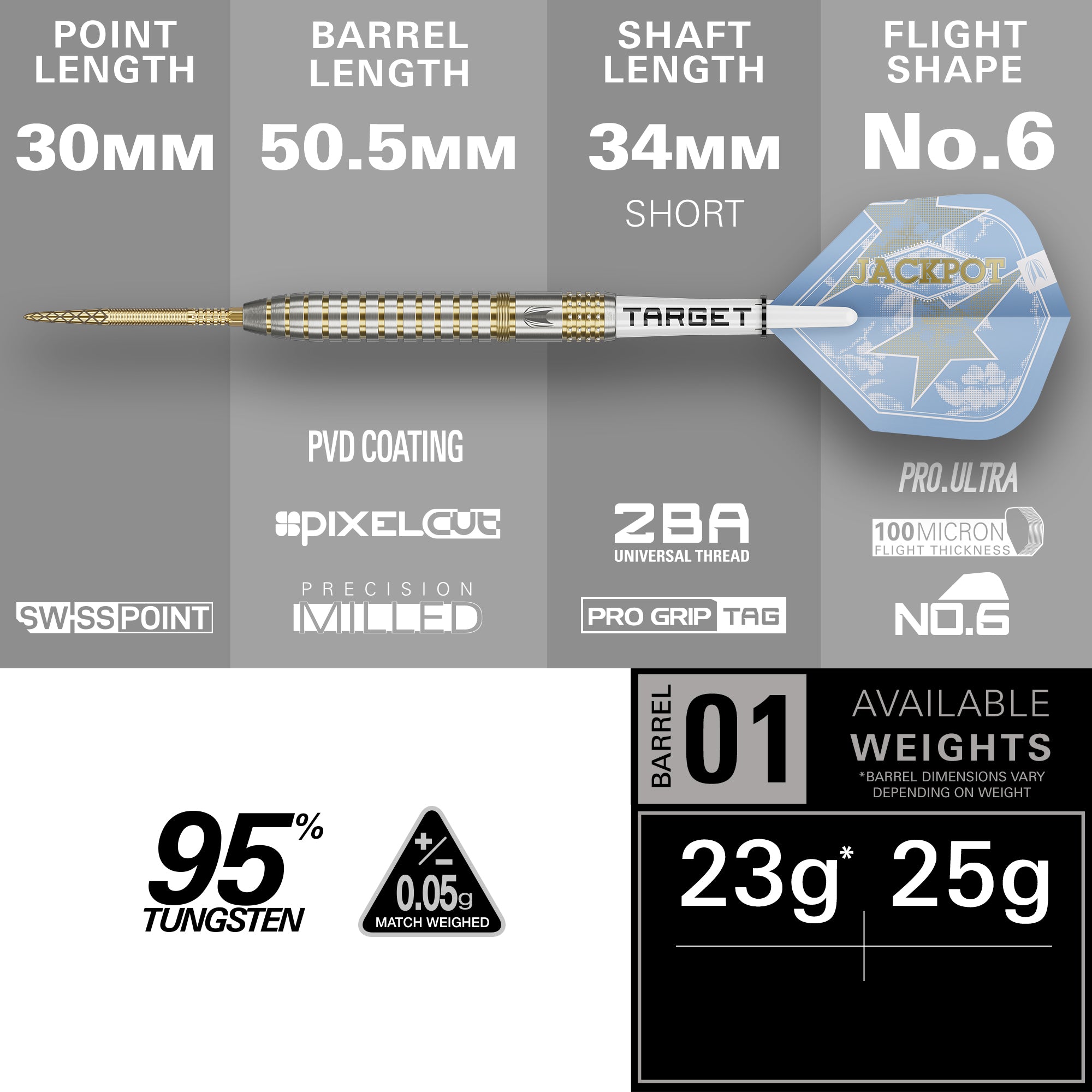 A technical product information graphic for a dart set, showing a single dart horizontally across the center with labeled dimensions for point length, barrel length, shaft length, and flight shape. The graphic includes branding and material callouts such as PVD coating, Swiss Point, Pixel Core, 2BA Universal Thread, Pro Grip Tag, No.