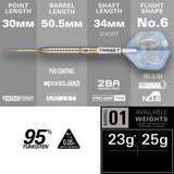 A technical product information graphic for a dart set, showing a single dart horizontally across the center with labeled dimensions for point length, barrel length, shaft length, and flight shape. The graphic includes branding and material callouts such as PVD coating, Swiss Point, Pixel Core, 2BA Universal Thread, Pro Grip Tag, No.