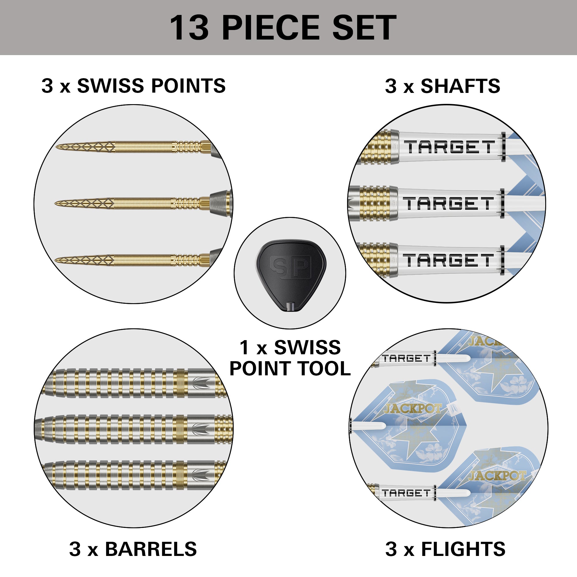 A product information graphic for a 13-piece Adrian Lewis Showdown SP 95% Tungsten dart set, showing labeled circular diagrams for 3x Swiss Points, 3x Shafts, 1x Swiss Point Tool, 3x Barrels, and 3x Flights, with a central black plastic point tool and dart barrels shown in detail.
