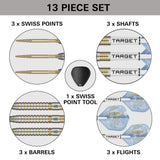 A product information graphic for a 13-piece Adrian Lewis Showdown SP 95% Tungsten dart set, showing labeled circular diagrams for 3x Swiss Points, 3x Shafts, 1x Swiss Point Tool, 3x Barrels, and 3x Flights, with a central black plastic point tool and dart barrels shown in detail.
